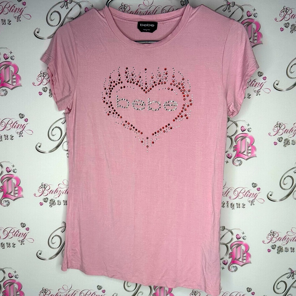 Bebe tshirt tee heart bling Swarovski crystal rhinestone red 🩷 heart Top